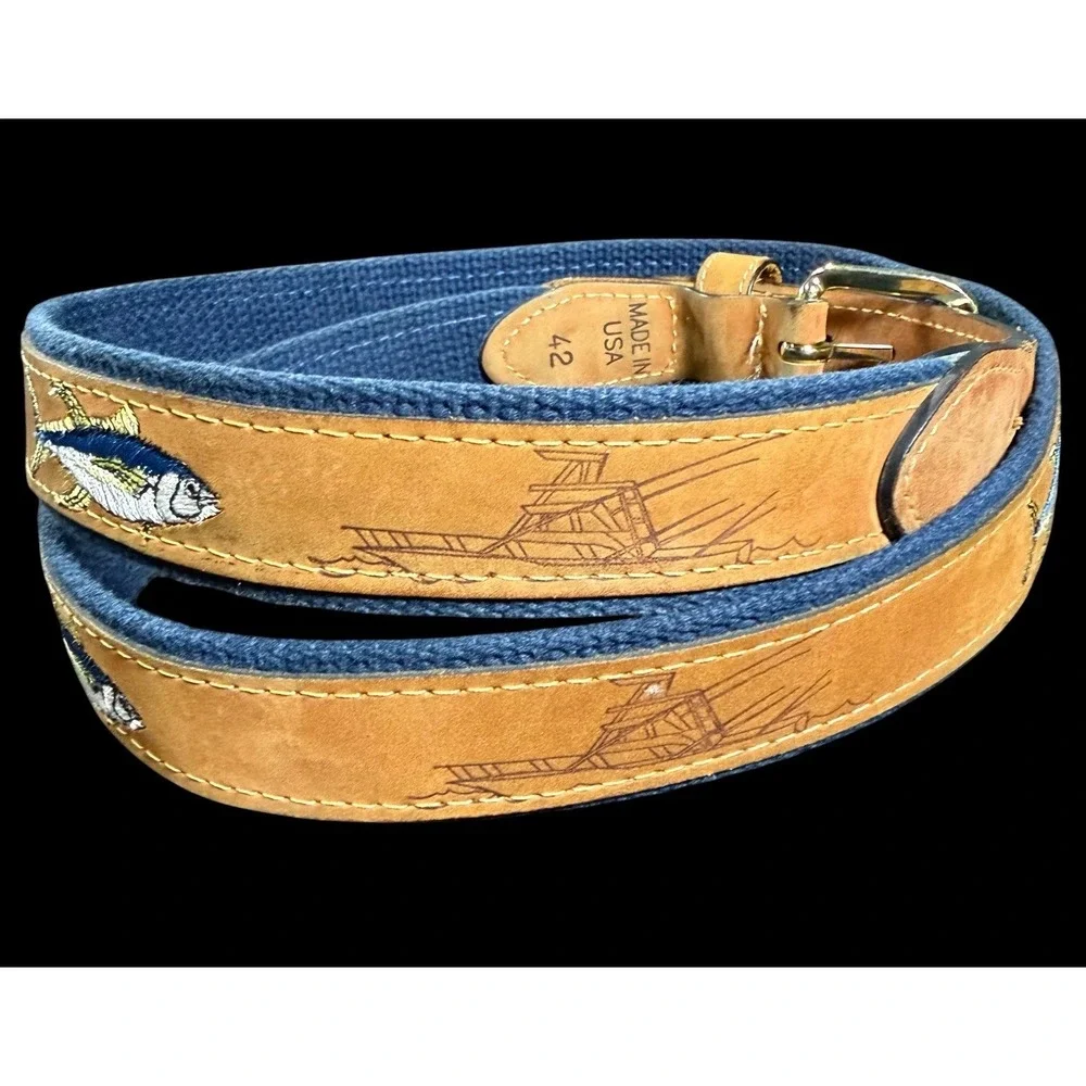 Zep Pro Leather Embroidered Yellow Fin Yellowfin Tuna Belt Mens Size 42 Made USA